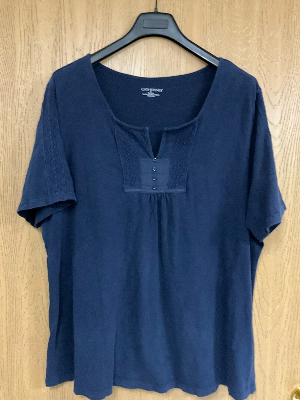 Catherines Navy Short Sleeve Scoop Neck Knit Top with Button Placket